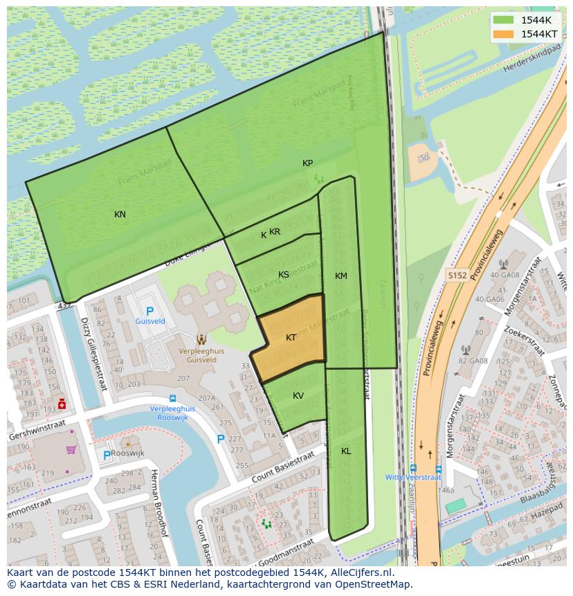 Afbeelding van het postcodegebied 1544 KT op de kaart.