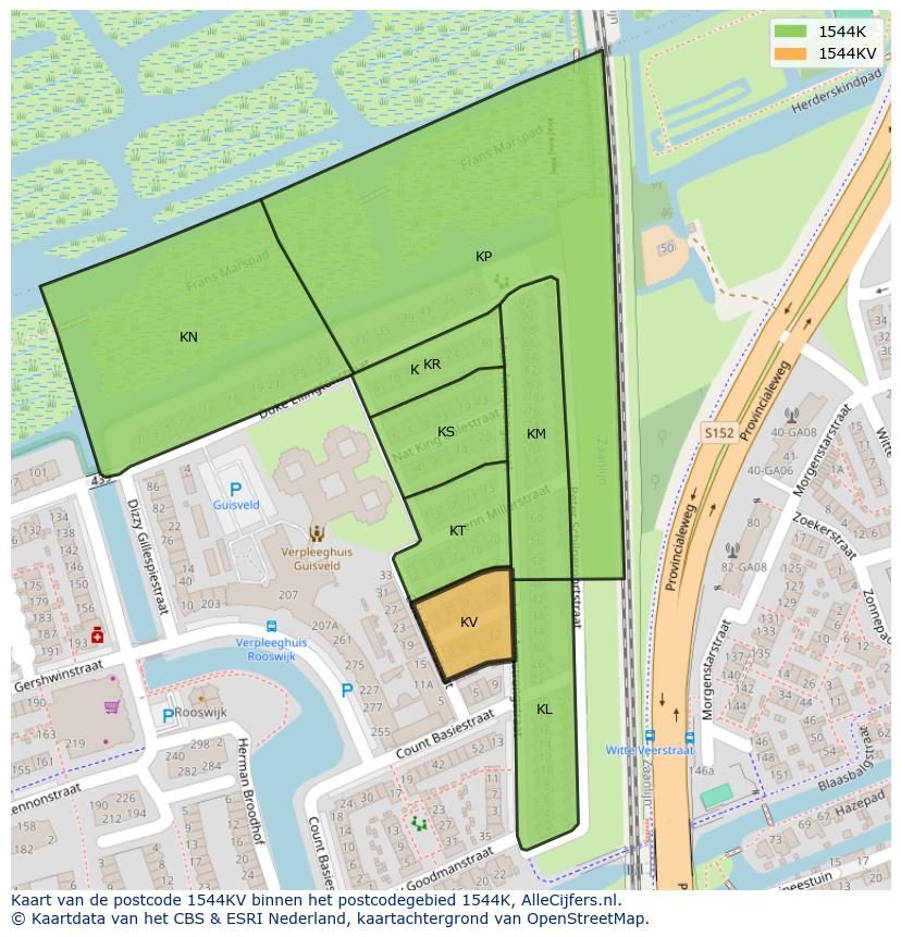 Afbeelding van het postcodegebied 1544 KV op de kaart.