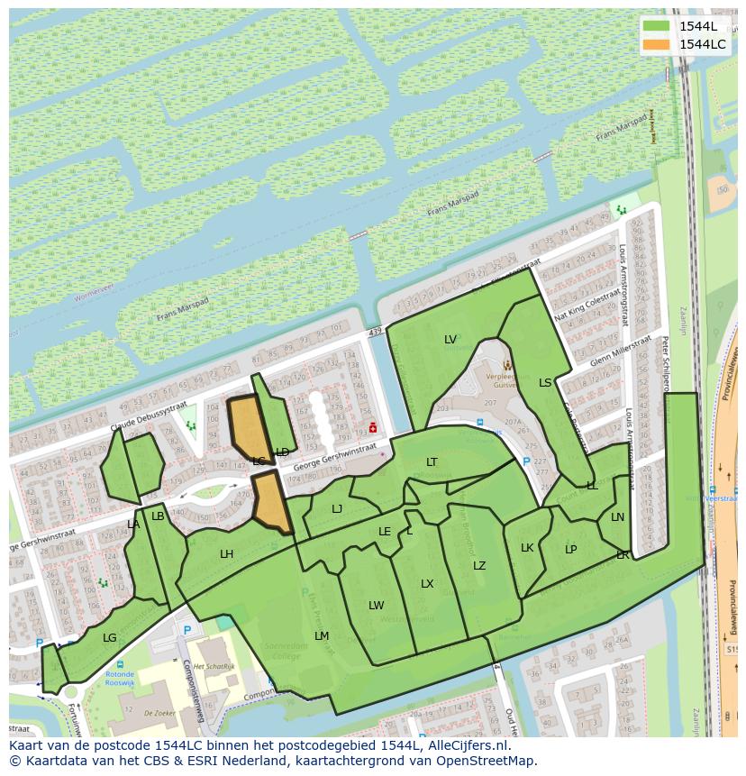Afbeelding van het postcodegebied 1544 LC op de kaart.