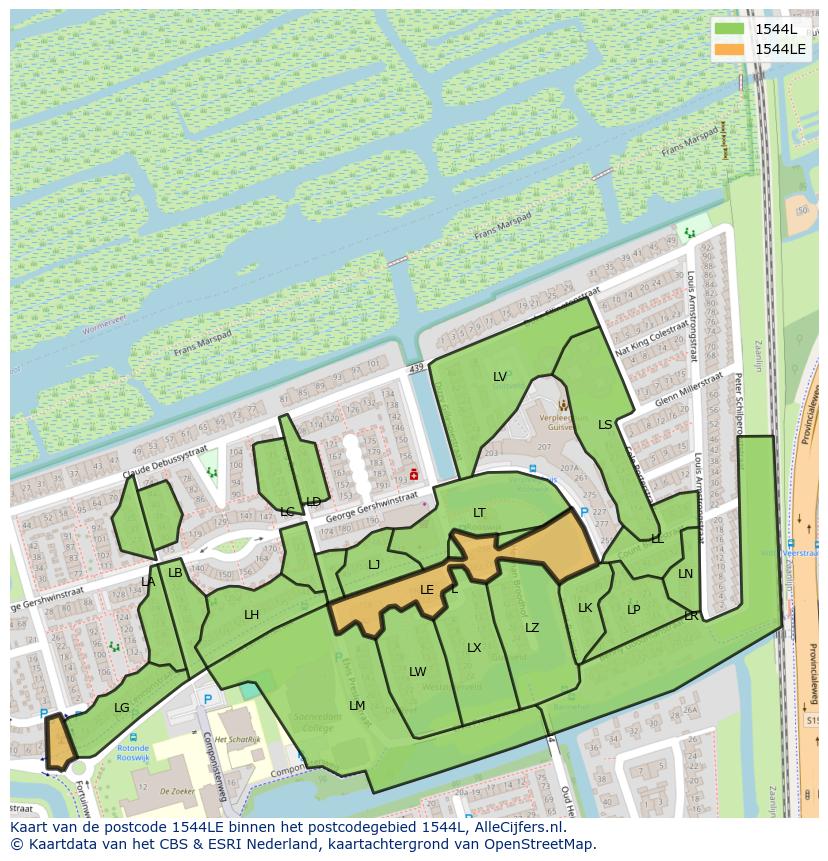 Afbeelding van het postcodegebied 1544 LE op de kaart.