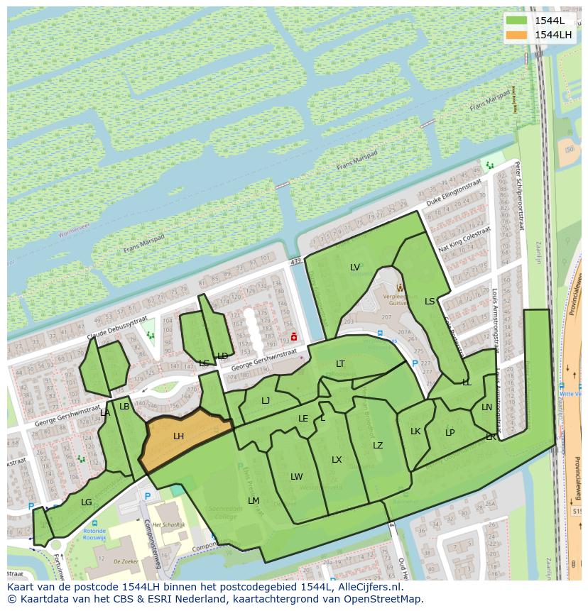 Afbeelding van het postcodegebied 1544 LH op de kaart.