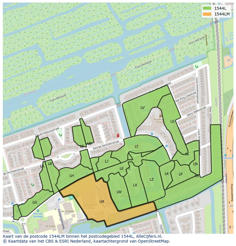 Afbeelding van het postcodegebied 1544 LM op de kaart.