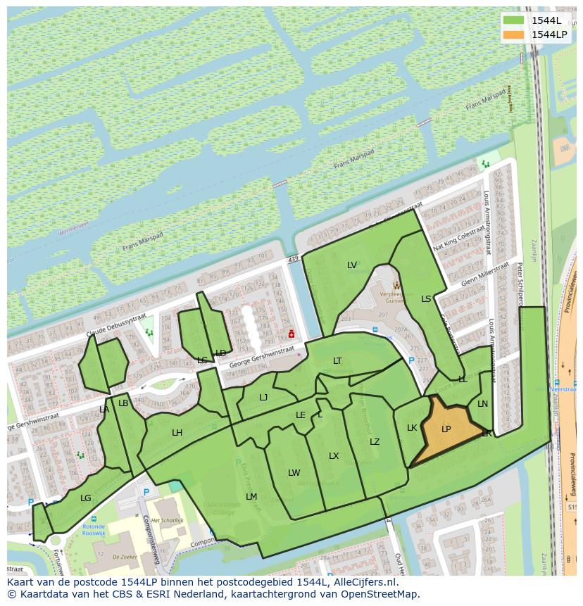 Afbeelding van het postcodegebied 1544 LP op de kaart.