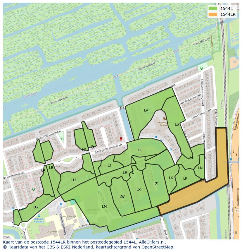 Afbeelding van het postcodegebied 1544 LR op de kaart.
