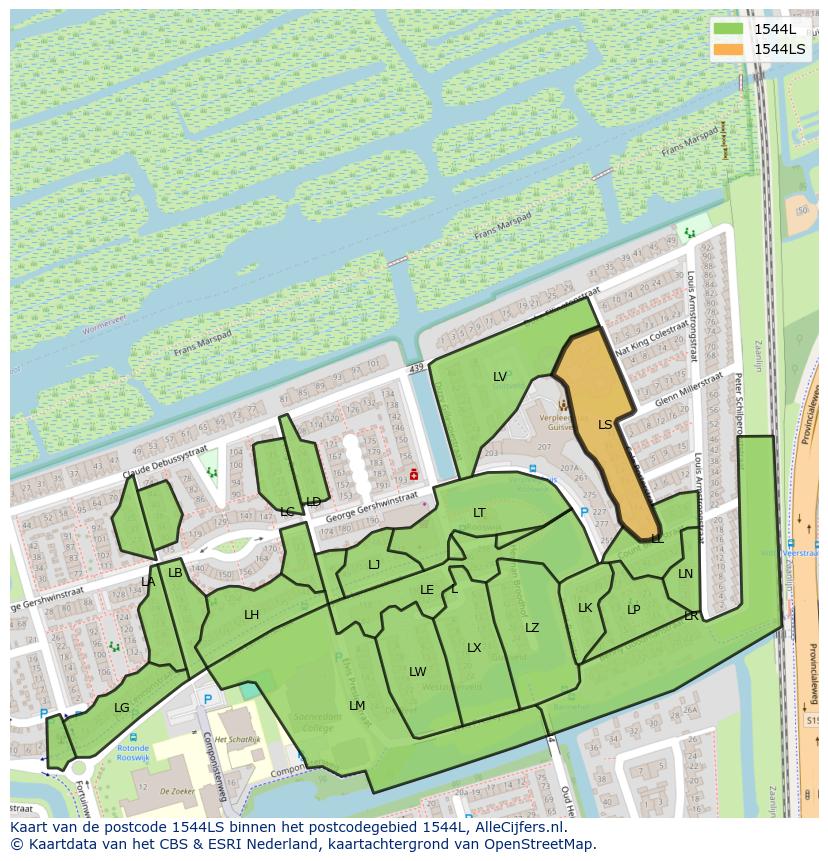 Afbeelding van het postcodegebied 1544 LS op de kaart.