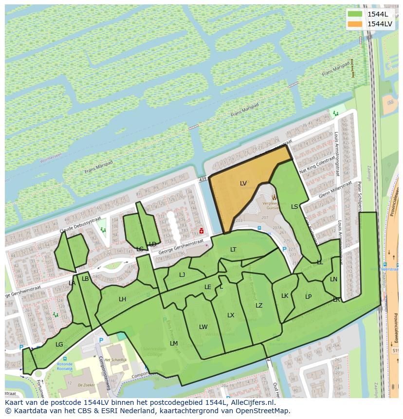 Afbeelding van het postcodegebied 1544 LV op de kaart.