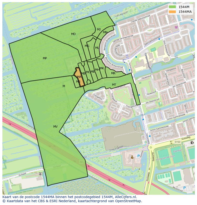 Afbeelding van het postcodegebied 1544 MA op de kaart.