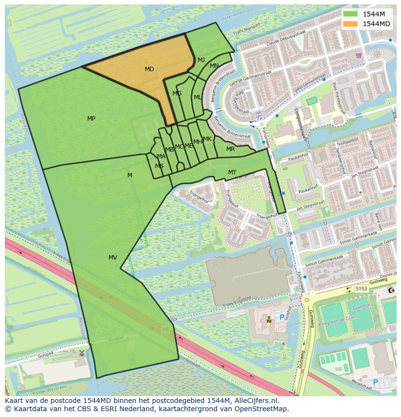 Afbeelding van het postcodegebied 1544 MD op de kaart.