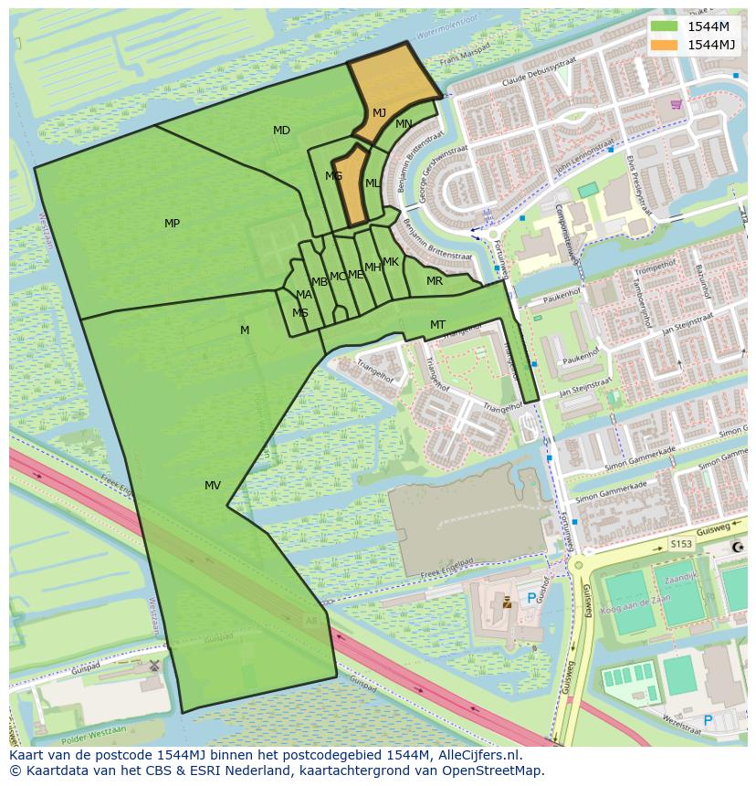 Afbeelding van het postcodegebied 1544 MJ op de kaart.