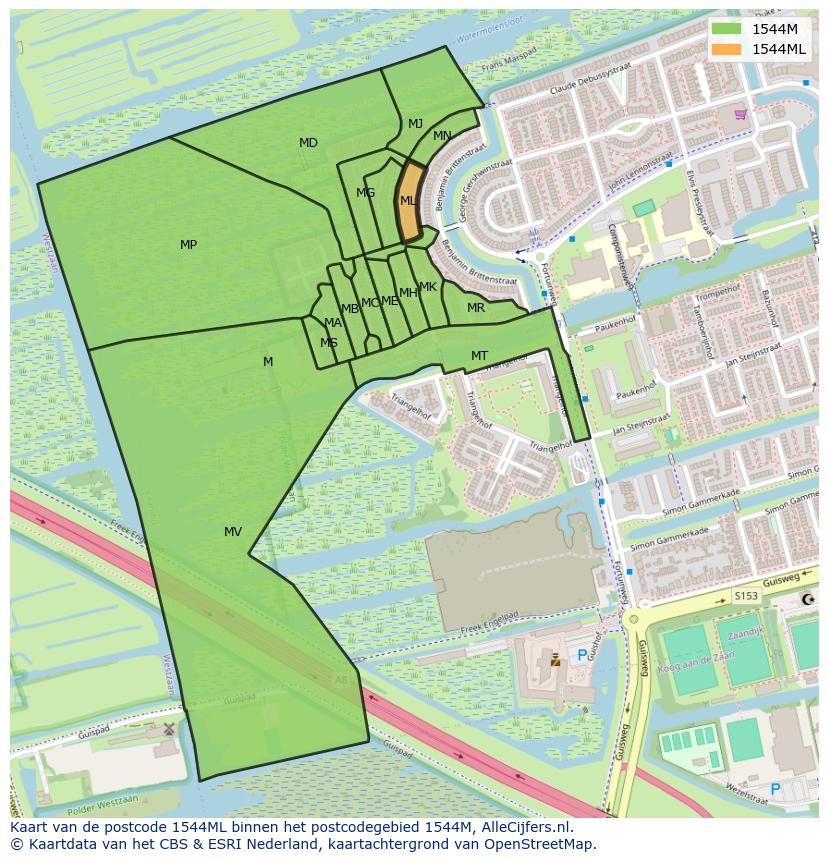 Afbeelding van het postcodegebied 1544 ML op de kaart.