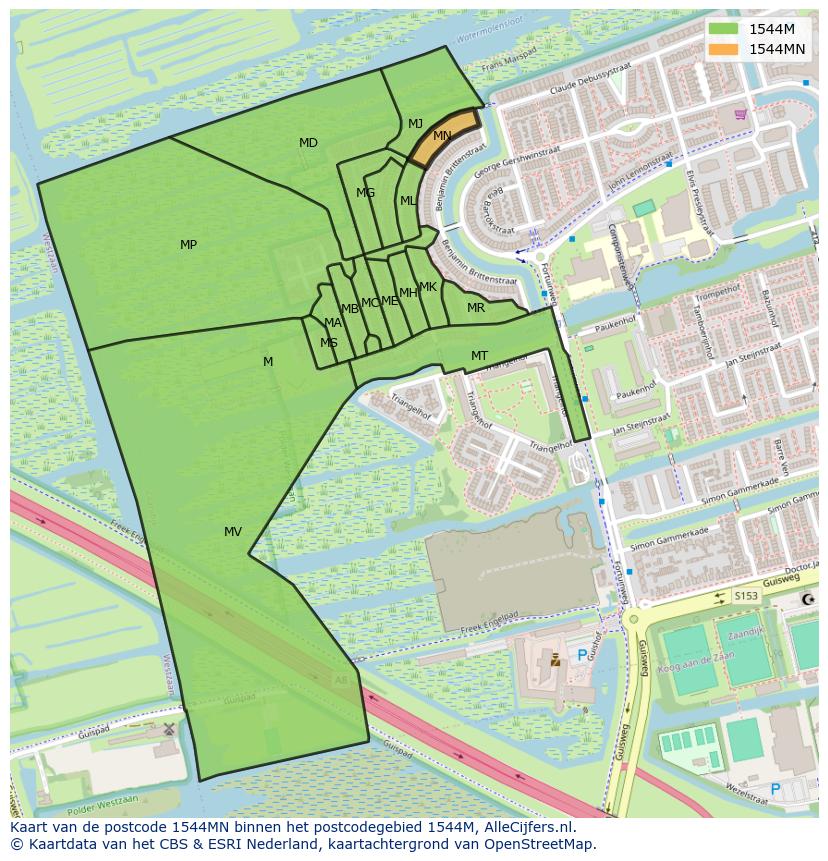 Afbeelding van het postcodegebied 1544 MN op de kaart.