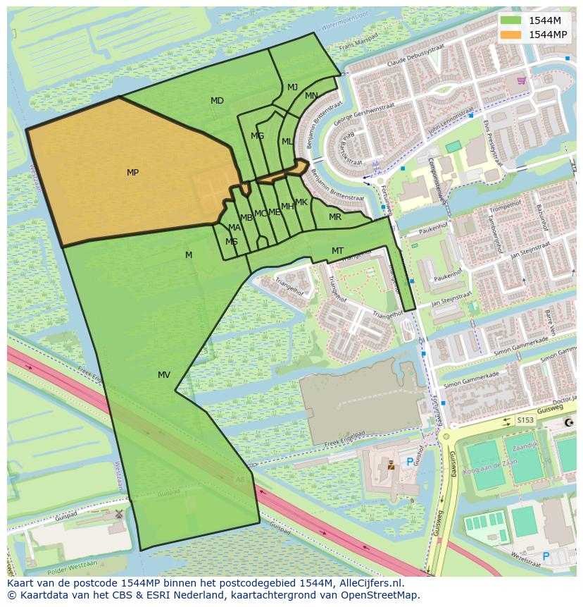 Afbeelding van het postcodegebied 1544 MP op de kaart.