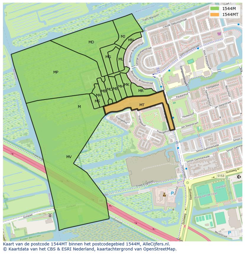 Afbeelding van het postcodegebied 1544 MT op de kaart.