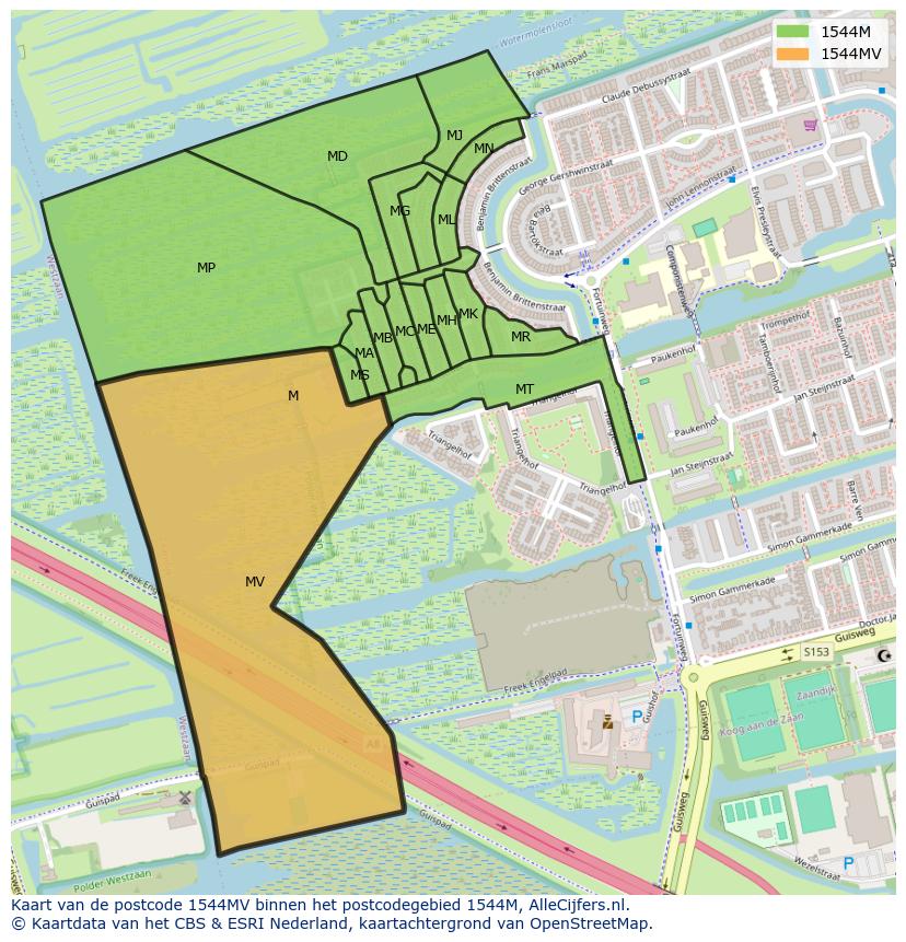 Afbeelding van het postcodegebied 1544 MV op de kaart.