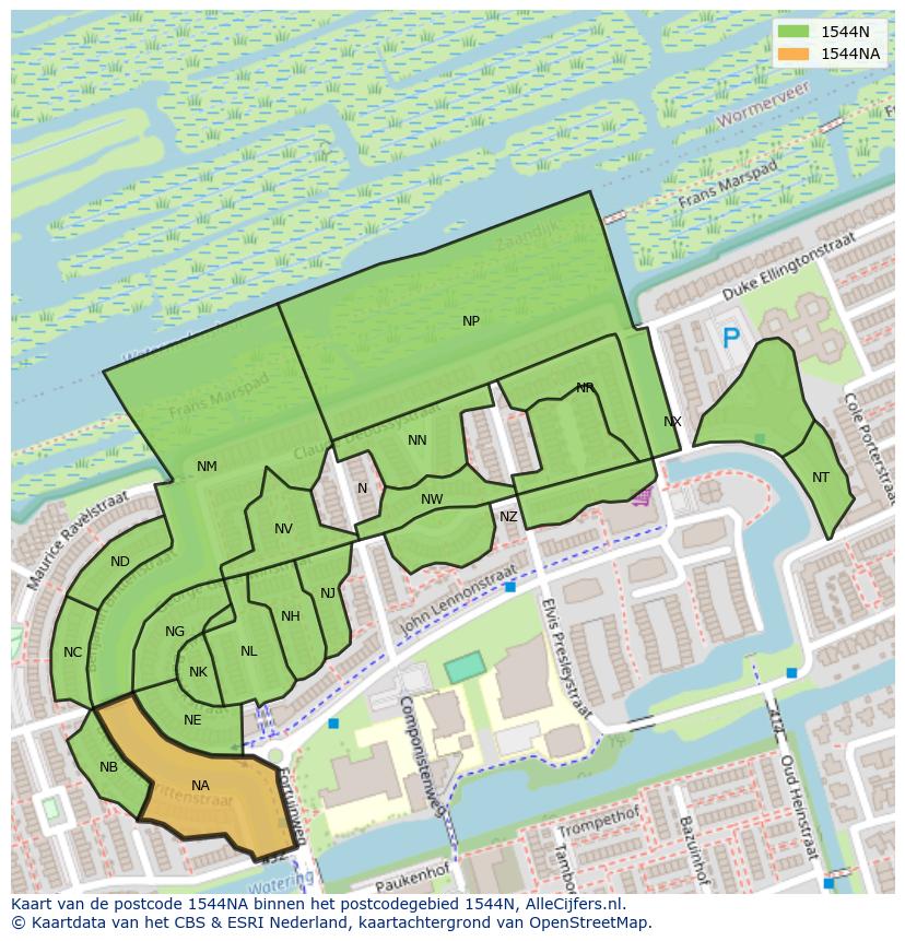 Afbeelding van het postcodegebied 1544 NA op de kaart.