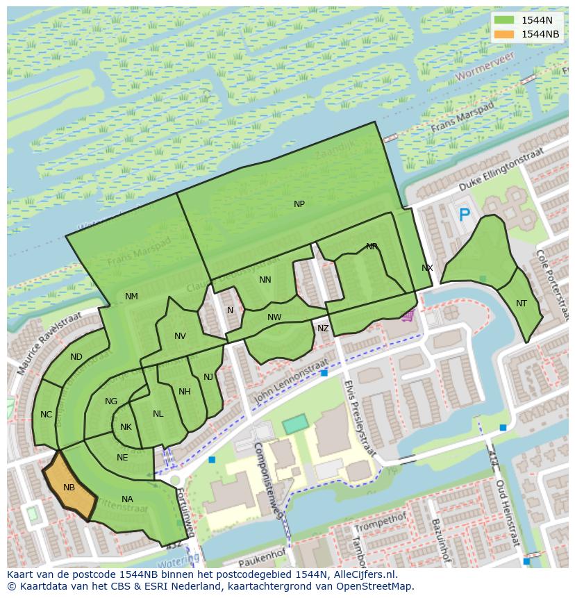 Afbeelding van het postcodegebied 1544 NB op de kaart.