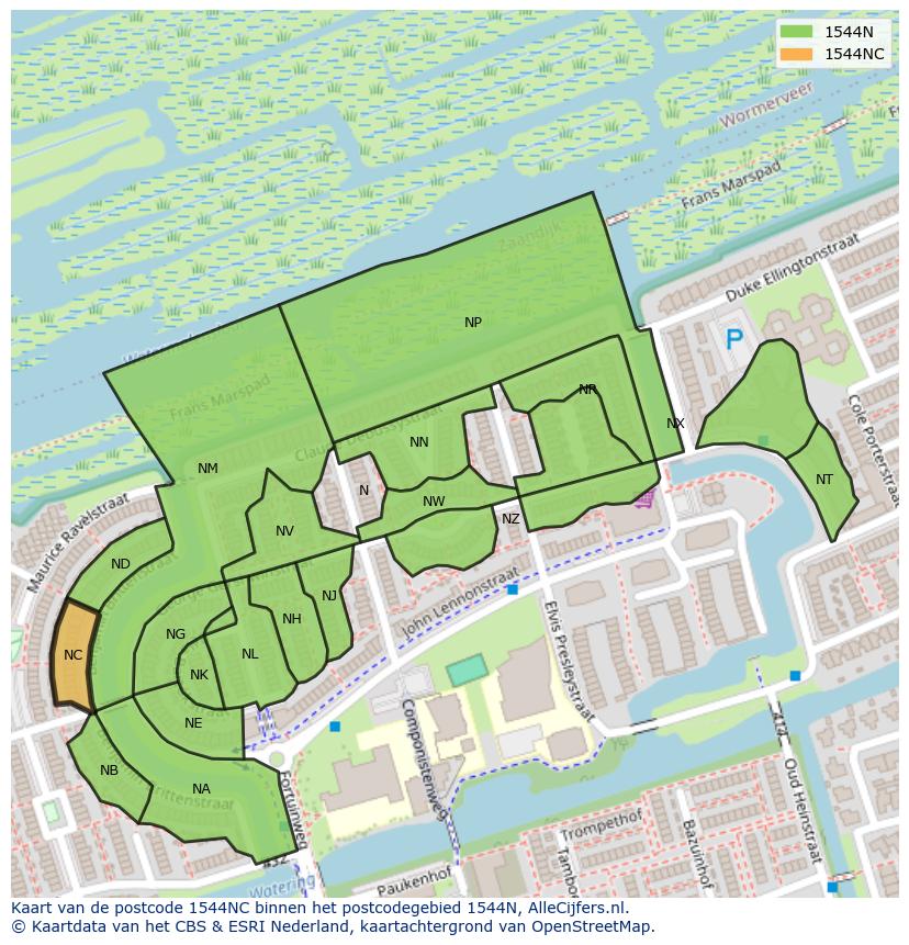 Afbeelding van het postcodegebied 1544 NC op de kaart.