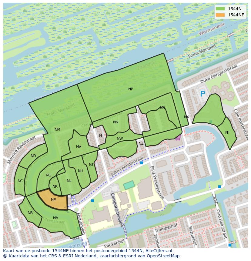 Afbeelding van het postcodegebied 1544 NE op de kaart.