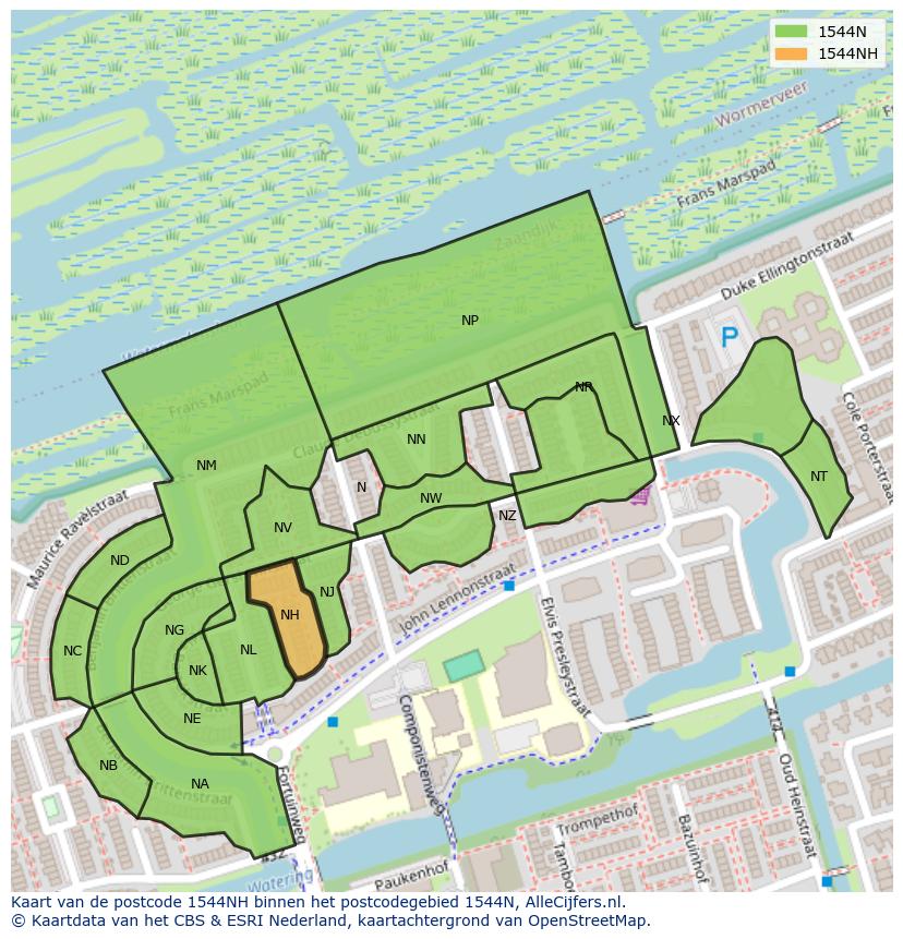 Afbeelding van het postcodegebied 1544 NH op de kaart.