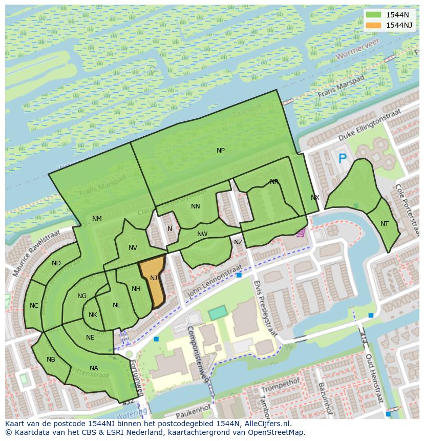 Afbeelding van het postcodegebied 1544 NJ op de kaart.