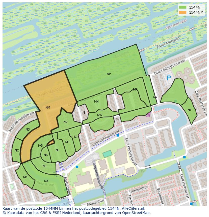 Afbeelding van het postcodegebied 1544 NM op de kaart.