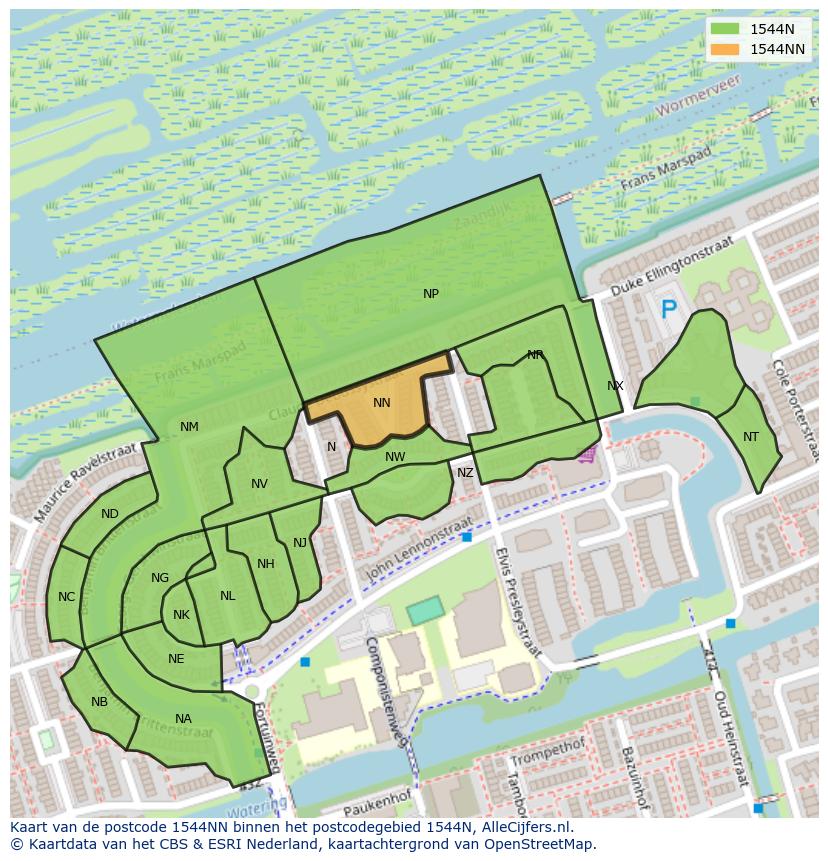 Afbeelding van het postcodegebied 1544 NN op de kaart.