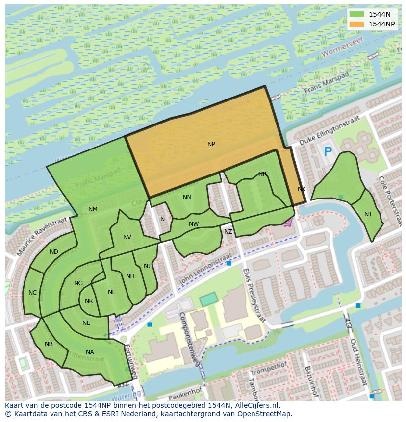 Afbeelding van het postcodegebied 1544 NP op de kaart.