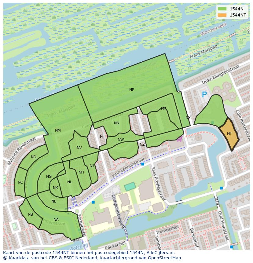 Afbeelding van het postcodegebied 1544 NT op de kaart.