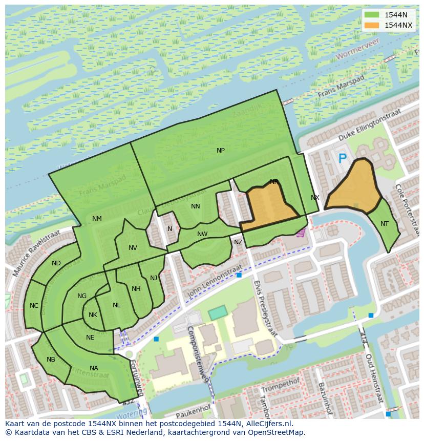 Afbeelding van het postcodegebied 1544 NX op de kaart.