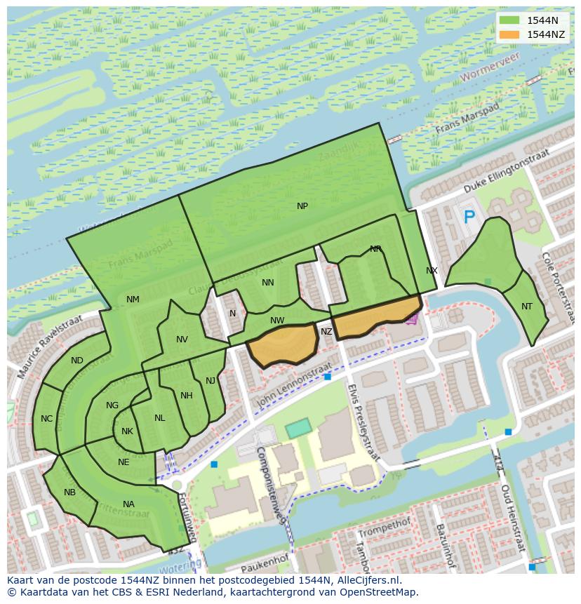 Afbeelding van het postcodegebied 1544 NZ op de kaart.