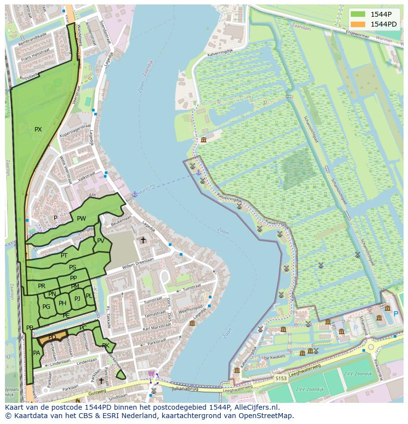 Afbeelding van het postcodegebied 1544 PD op de kaart.