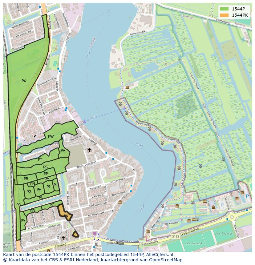 Afbeelding van het postcodegebied 1544 PK op de kaart.