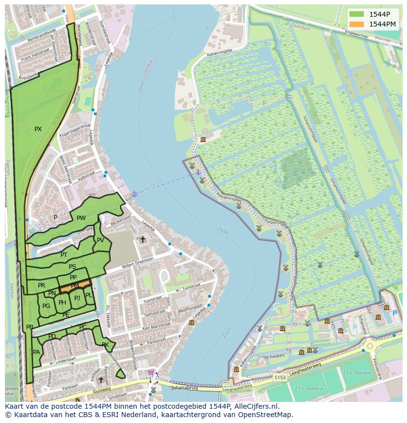 Afbeelding van het postcodegebied 1544 PM op de kaart.
