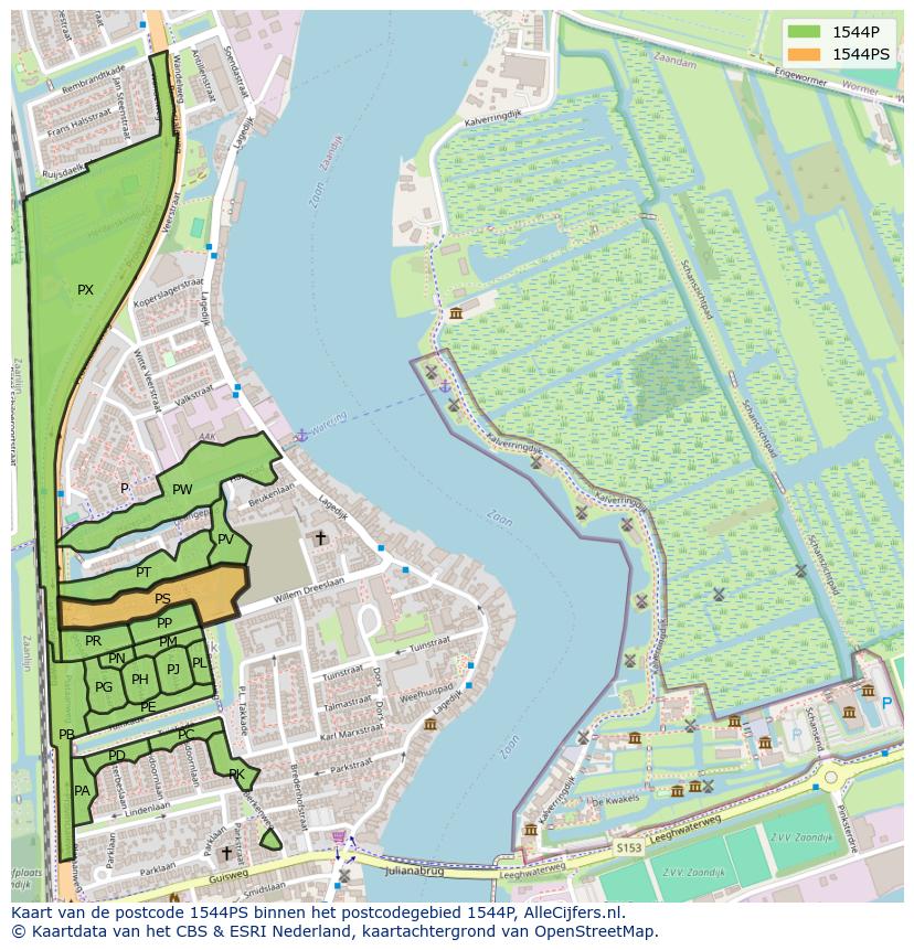 Afbeelding van het postcodegebied 1544 PS op de kaart.