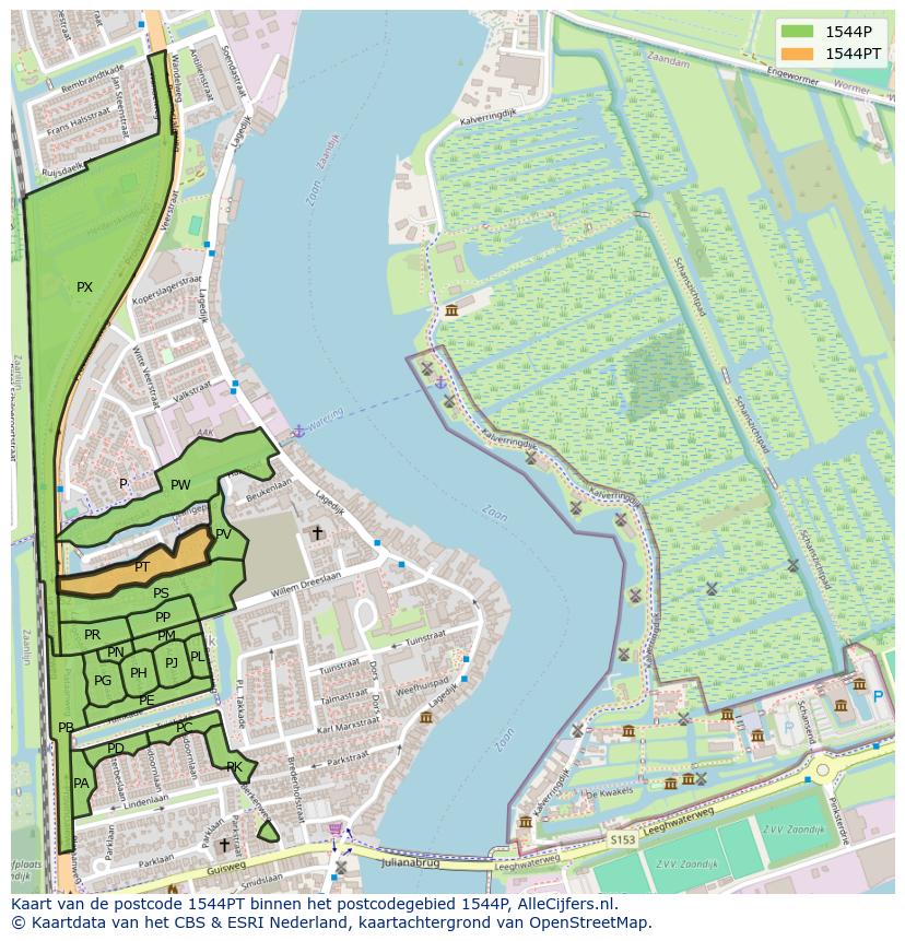 Afbeelding van het postcodegebied 1544 PT op de kaart.