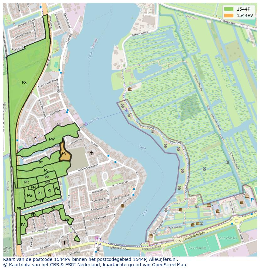 Afbeelding van het postcodegebied 1544 PV op de kaart.