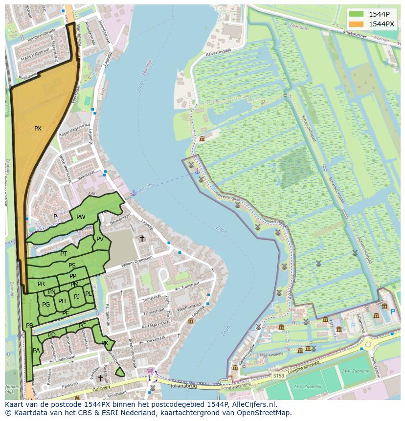Afbeelding van het postcodegebied 1544 PX op de kaart.