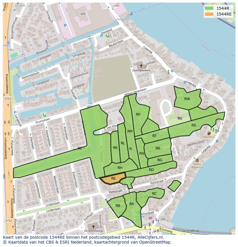 Afbeelding van het postcodegebied 1544 RE op de kaart.