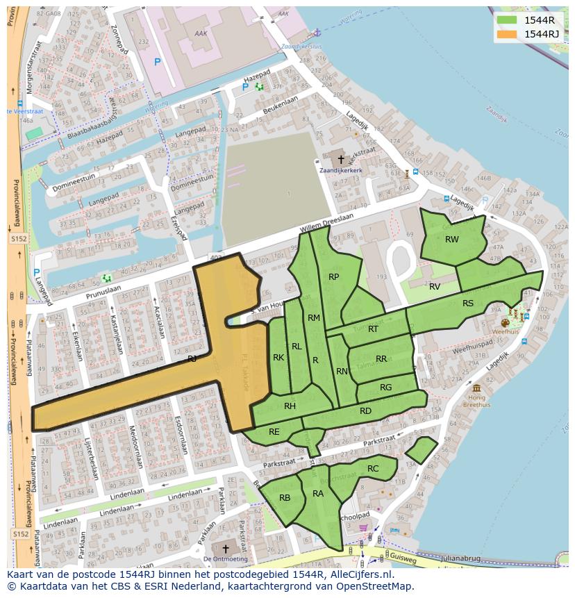 Afbeelding van het postcodegebied 1544 RJ op de kaart.