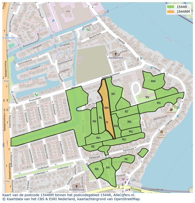 Afbeelding van het postcodegebied 1544 RM op de kaart.