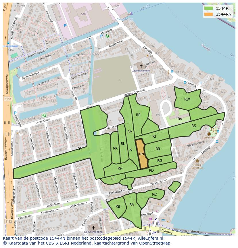 Afbeelding van het postcodegebied 1544 RN op de kaart.