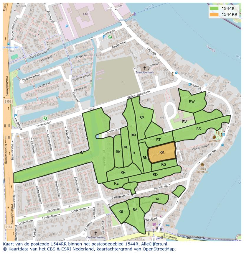 Afbeelding van het postcodegebied 1544 RR op de kaart.