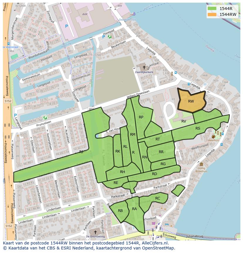 Afbeelding van het postcodegebied 1544 RW op de kaart.