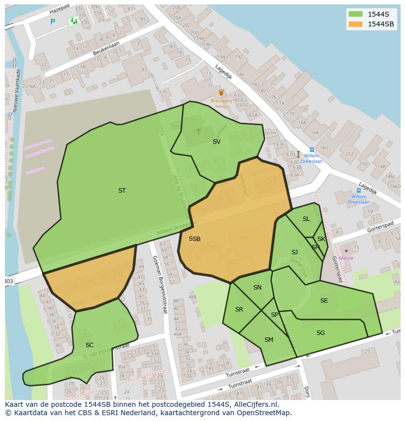Afbeelding van het postcodegebied 1544 SB op de kaart.
