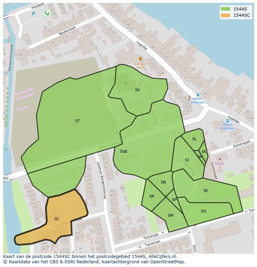 Afbeelding van het postcodegebied 1544 SC op de kaart.