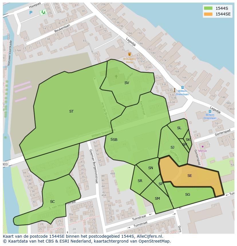 Afbeelding van het postcodegebied 1544 SE op de kaart.