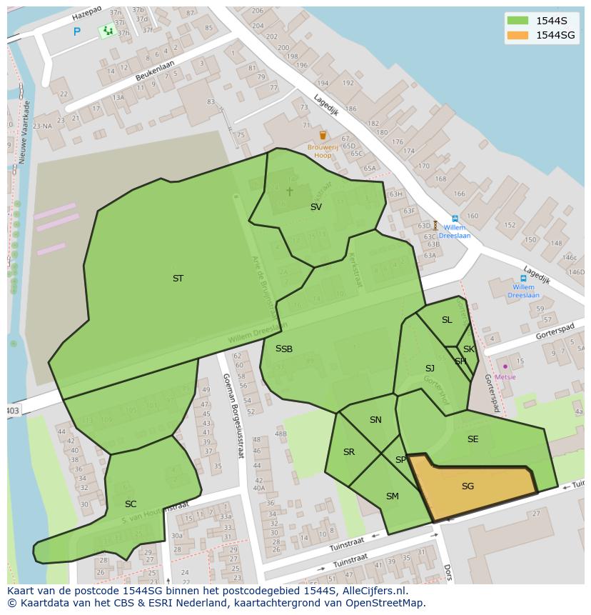 Afbeelding van het postcodegebied 1544 SG op de kaart.
