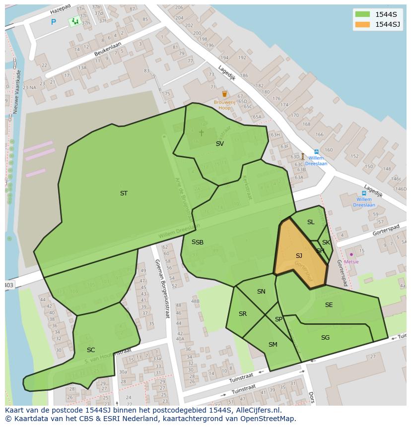 Afbeelding van het postcodegebied 1544 SJ op de kaart.
