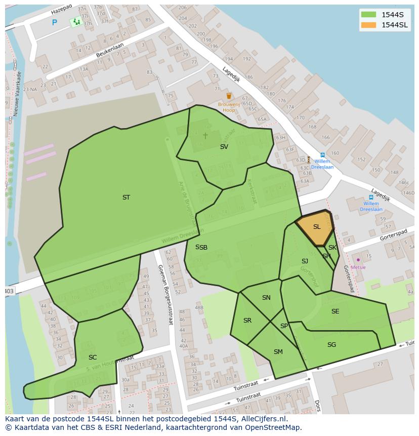Afbeelding van het postcodegebied 1544 SL op de kaart.
