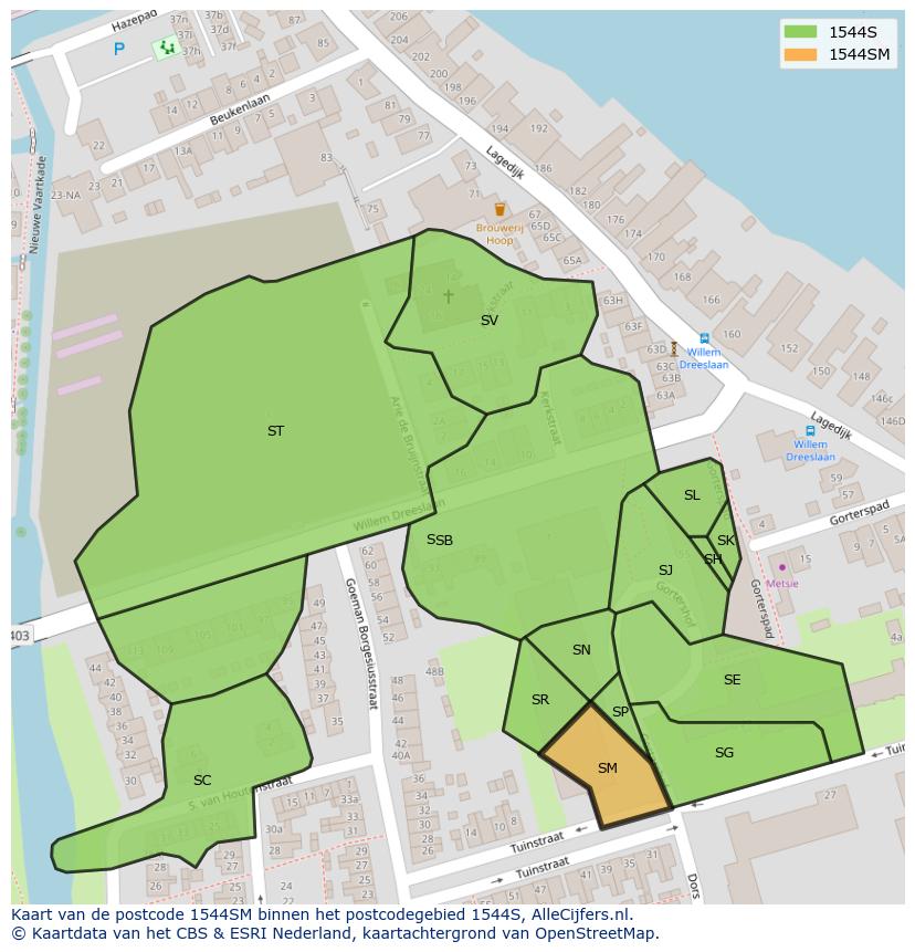 Afbeelding van het postcodegebied 1544 SM op de kaart.